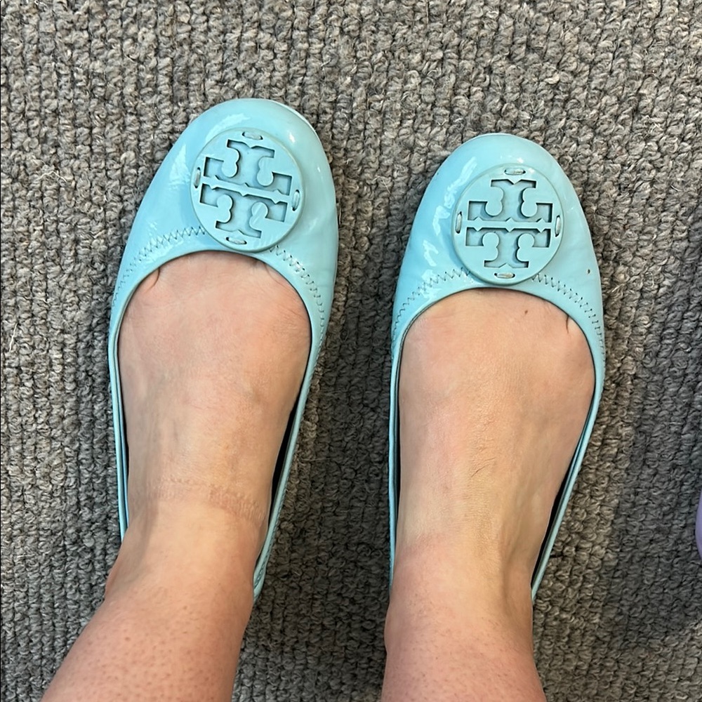 Tory Burch Blue Leather Flats with Logo Medallion